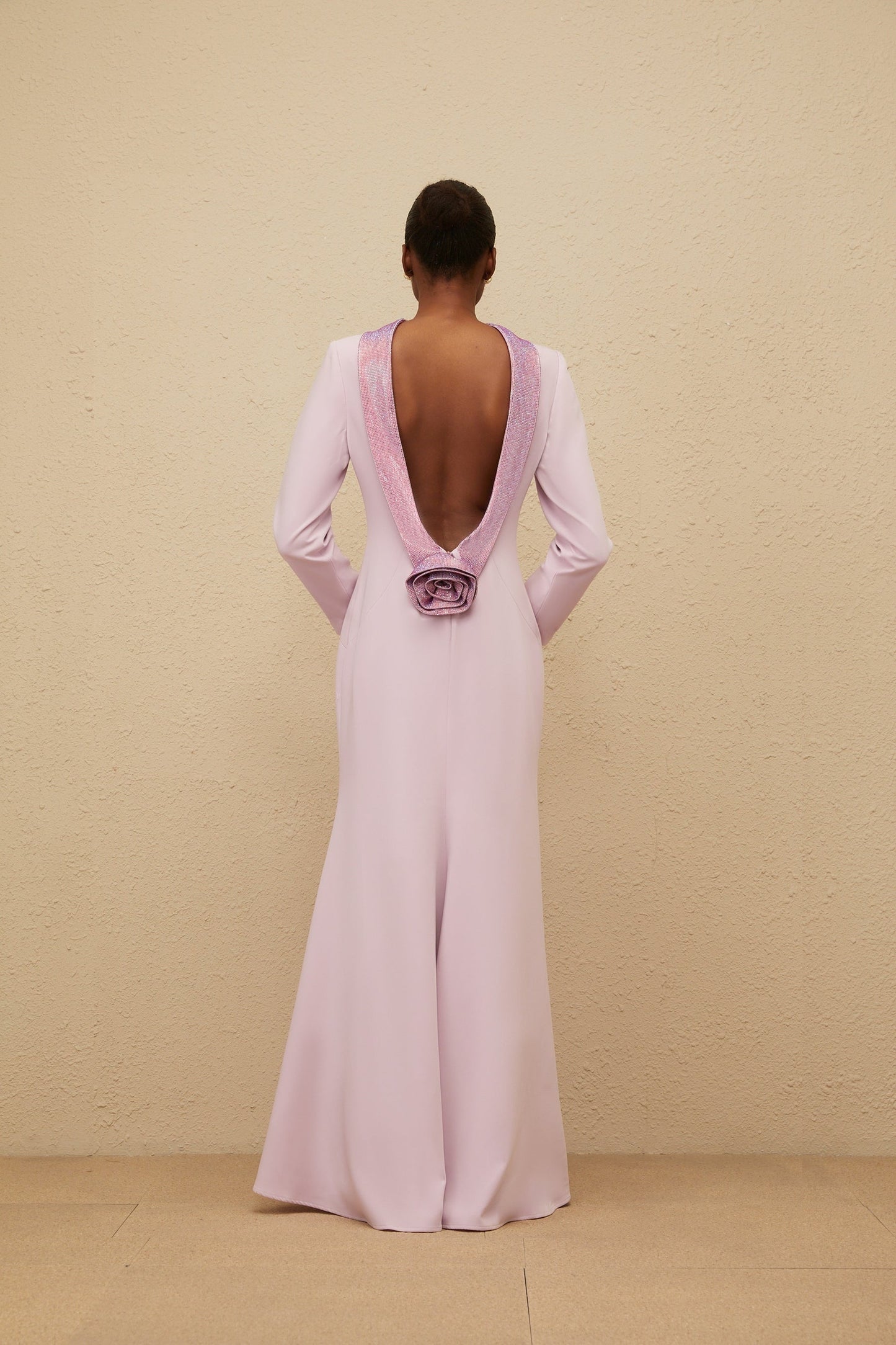 Purple mock neck long sleeve dress with open back and faux-flower detailing