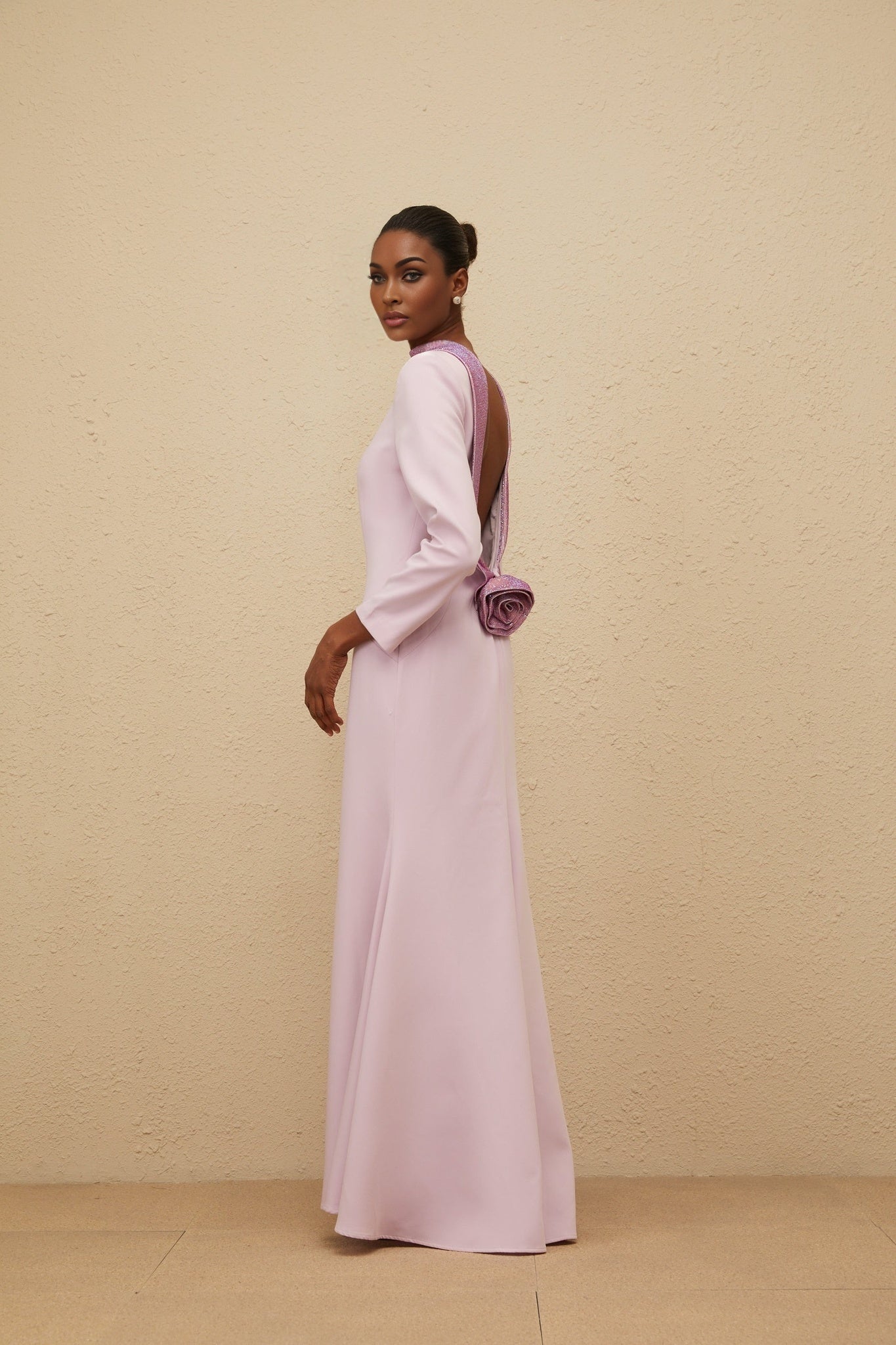 Purple mock neck long sleeve dress with faux-flower detailing and rhinestone embellishment