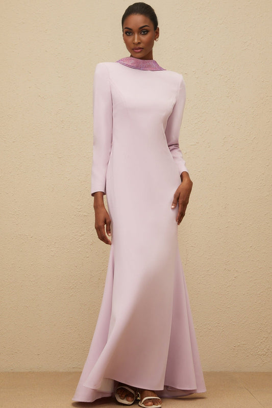 Purple Mock Neck Long Sleeve Dress with Faux-Flower Detailing and Rhinestone Embellishment