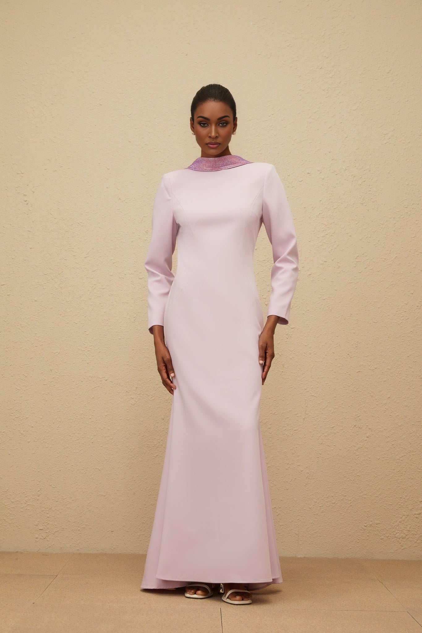 Purple mock neck long sleeve dress with faux-flower detailing and rhinestone embellishment