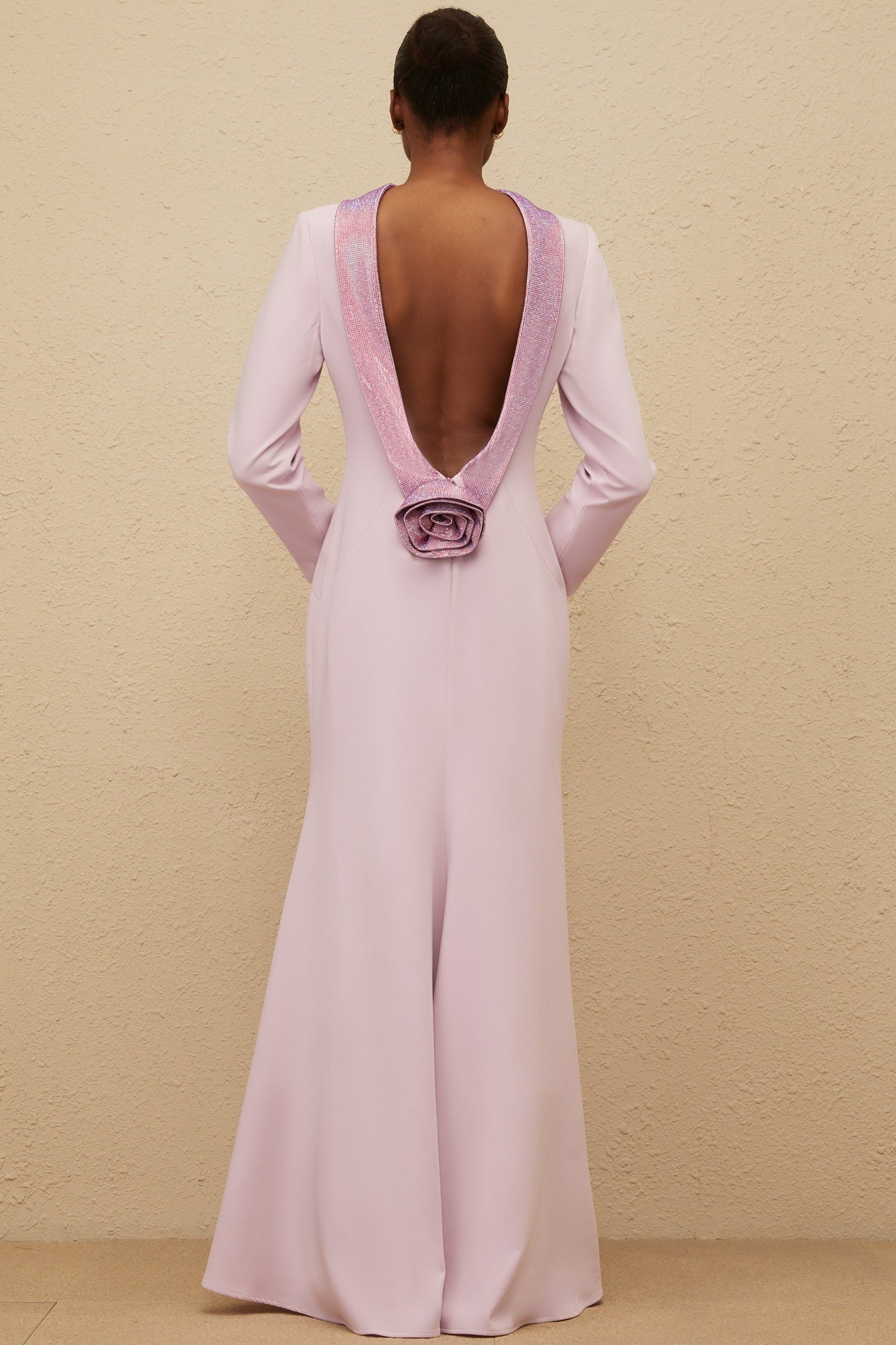 Purple Mock Neck Long Sleeve Open Back Dress with Faux-Flower Detailing and Rhinestone Embellishment