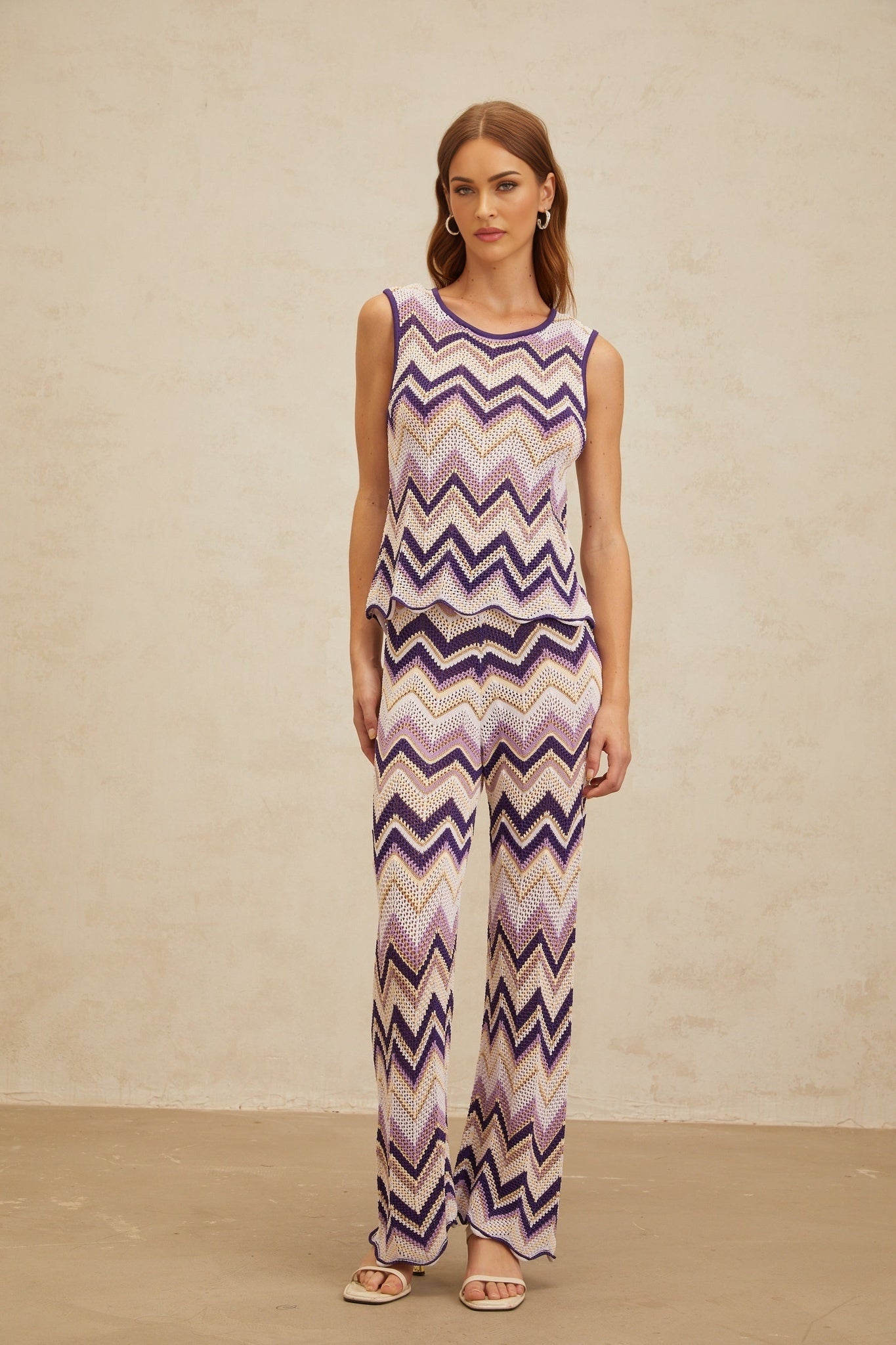 Purple and Multicolor Sleeveless Top and Trousers Set with Zigzag Design and Metallic Threading
