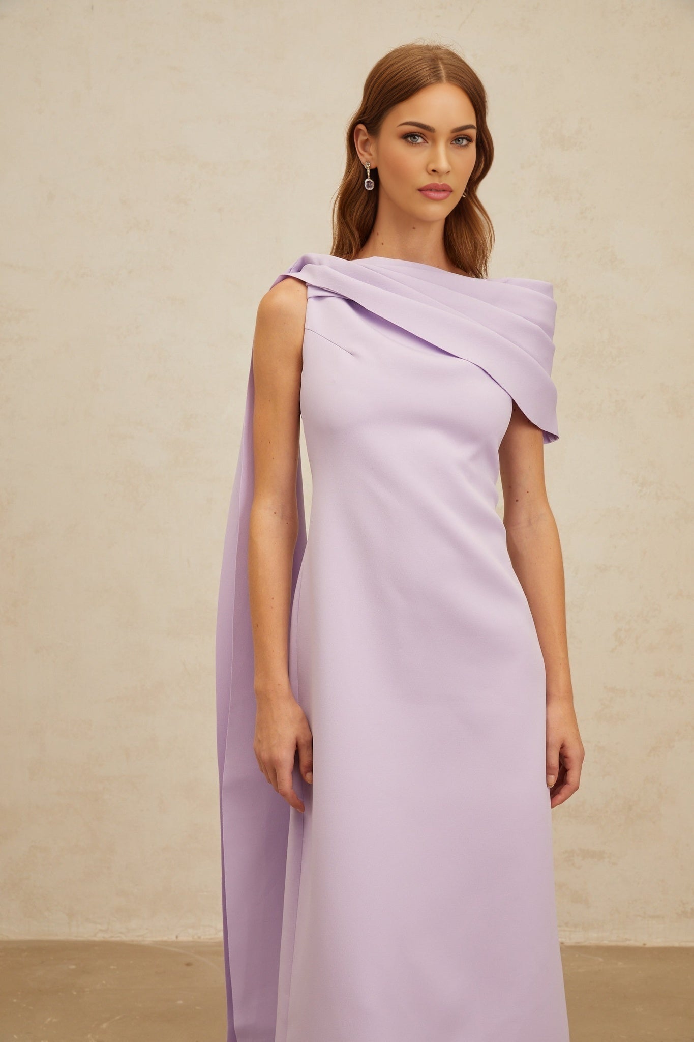 Purple one shoulder cape design maxi dress with ruched detailing