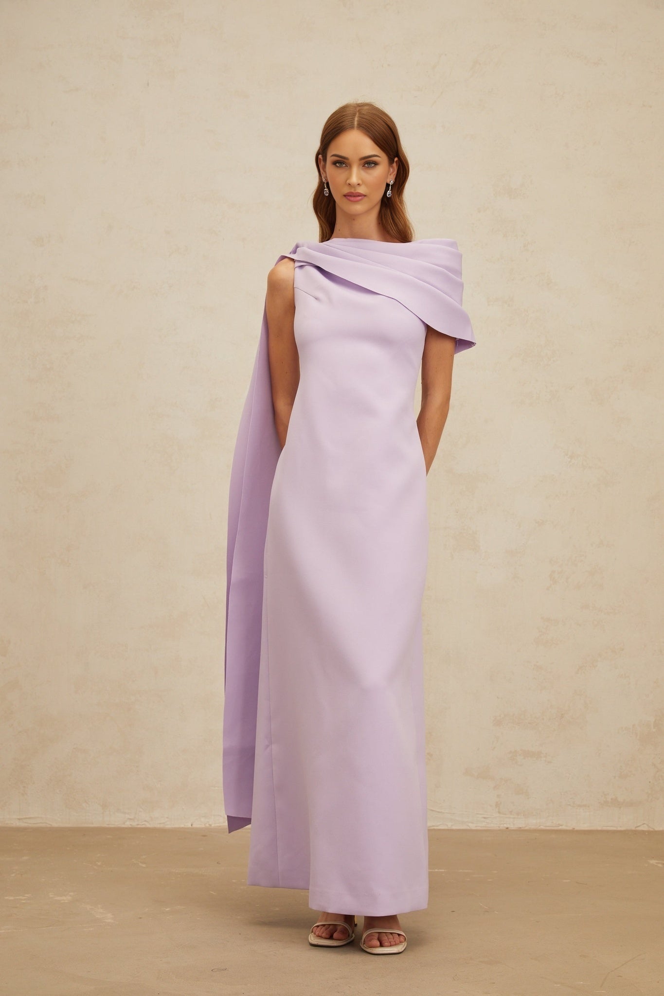 Purple one shoulder cape design maxi dress with ruched detailing