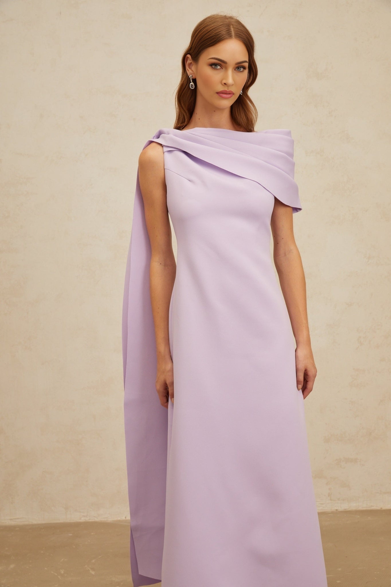Purple one shoulder cape design maxi dress with ruched detailing and rear slit