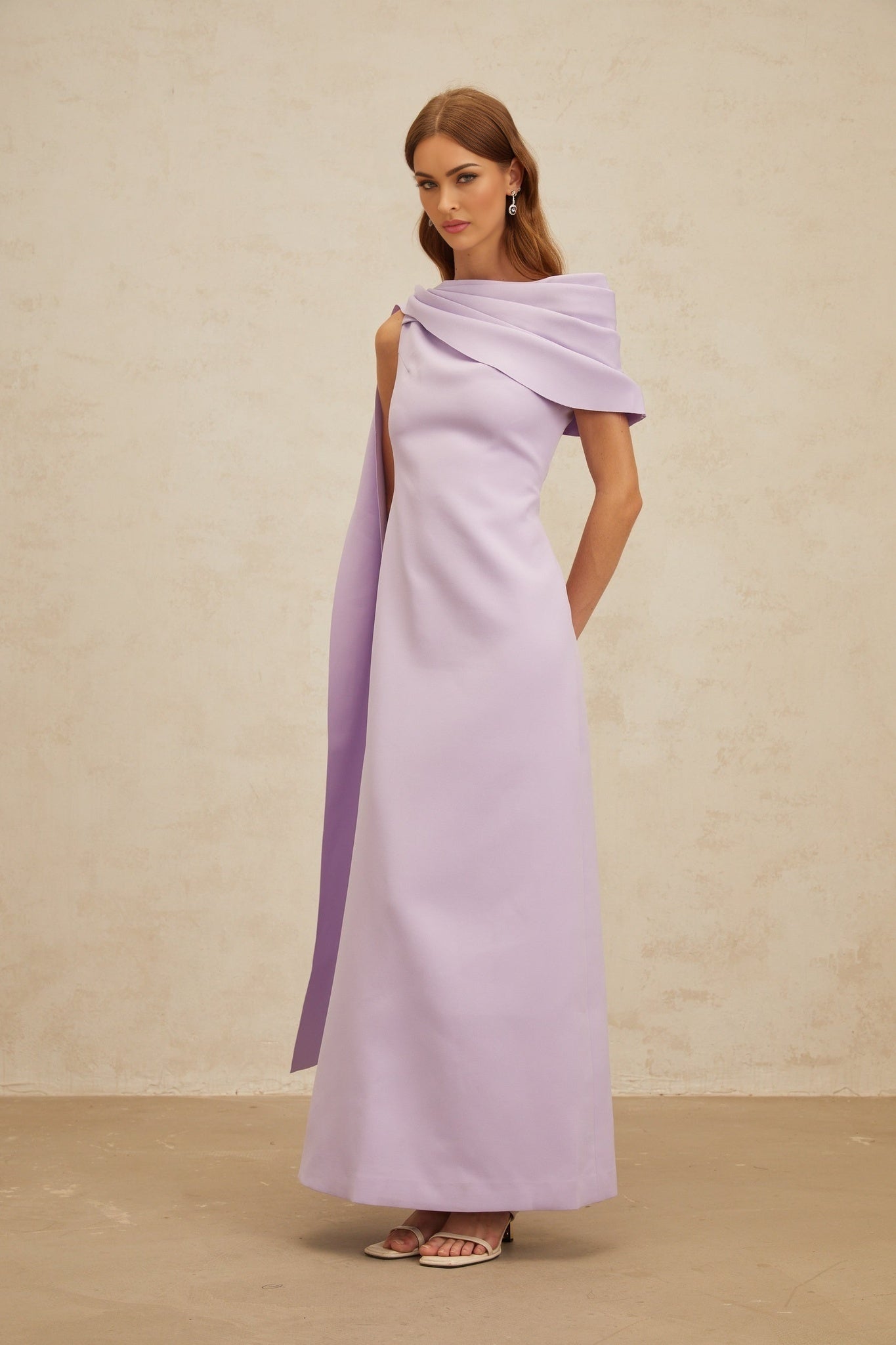 Purple one shoulder cape design maxi dress with ruched detailing