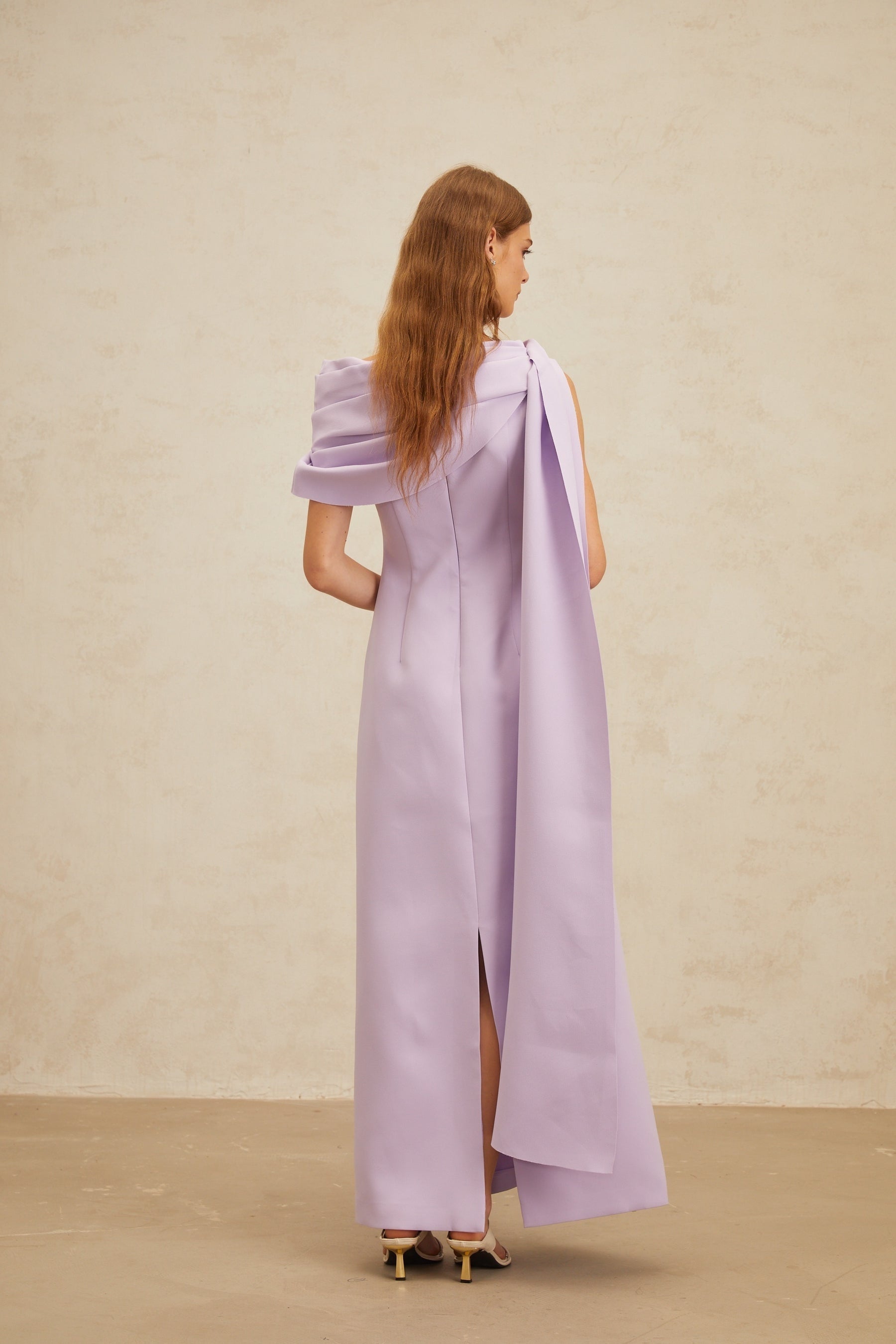 Purple one shoulder cape design maxi dress with ruched detailing and rear slit