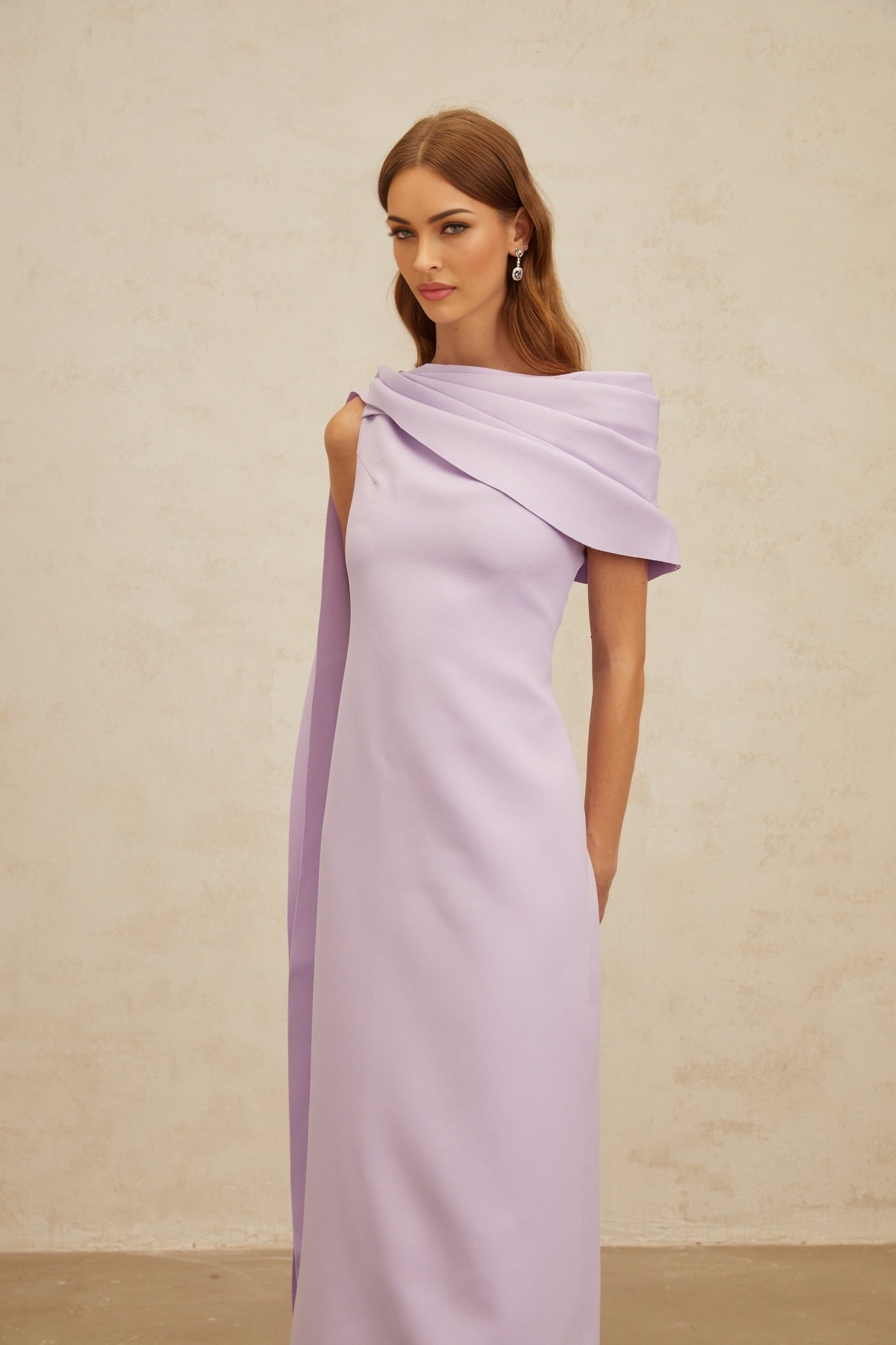 Purple one shoulder cape maxi dress with ruched detailing and rear slit
