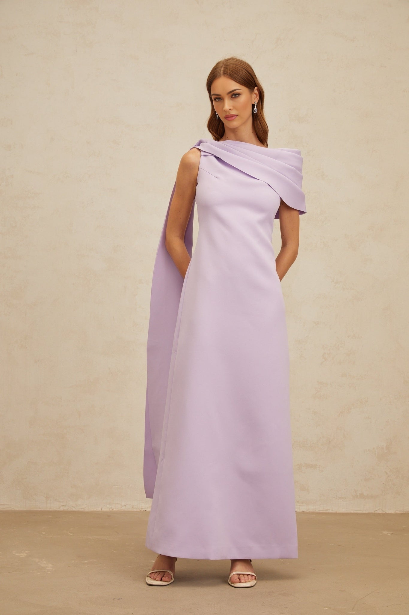Purple one shoulder cape maxi dress with ruched detailing