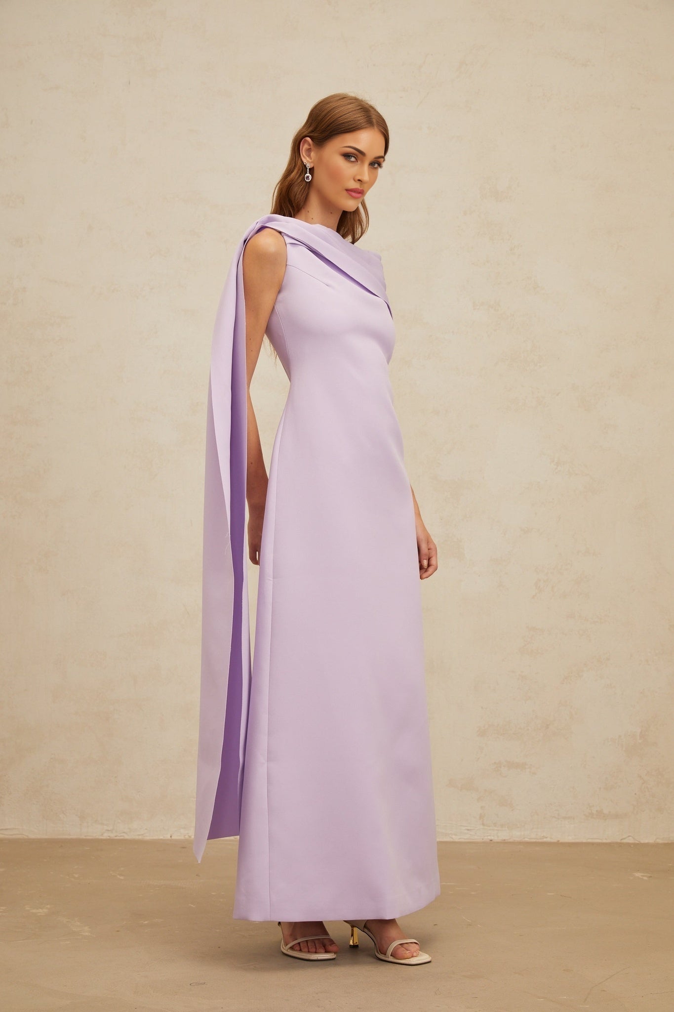 Purple one shoulder cape maxi dress with ruched detailing