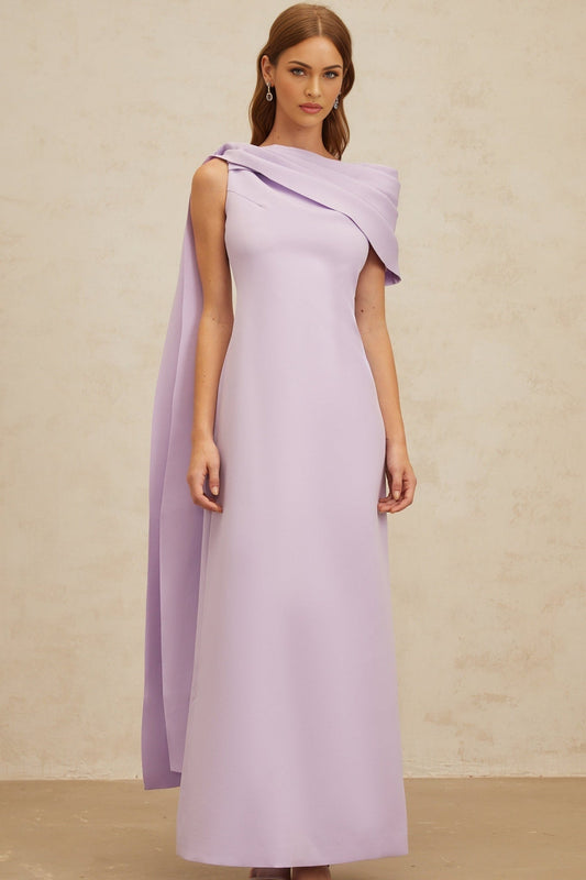 Purple one shoulder fitted waistline maxi dress with cape design