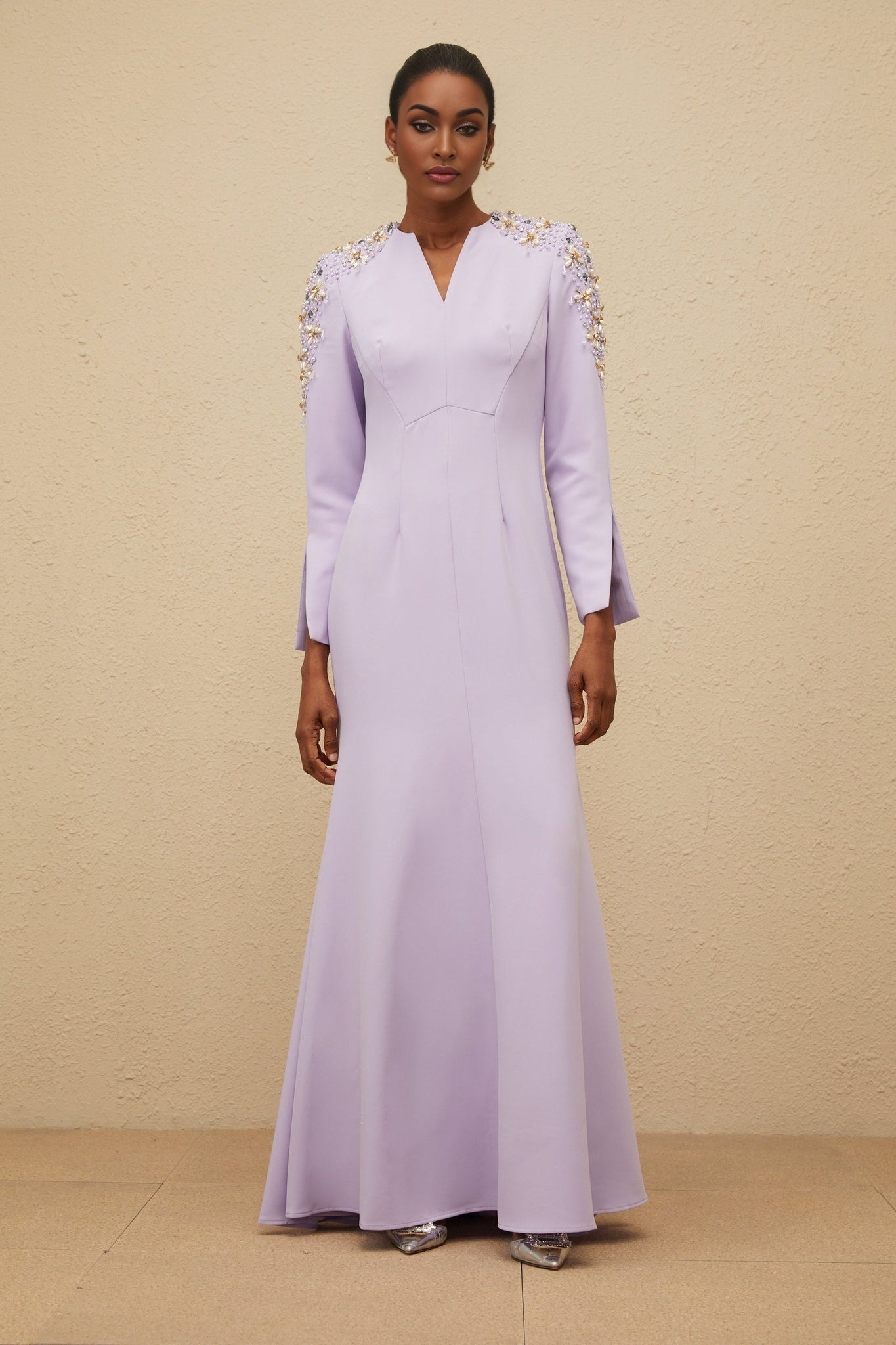 Purple V-Neck Long Sleeve Dress with Faux Pearl and Crystal Embellishments