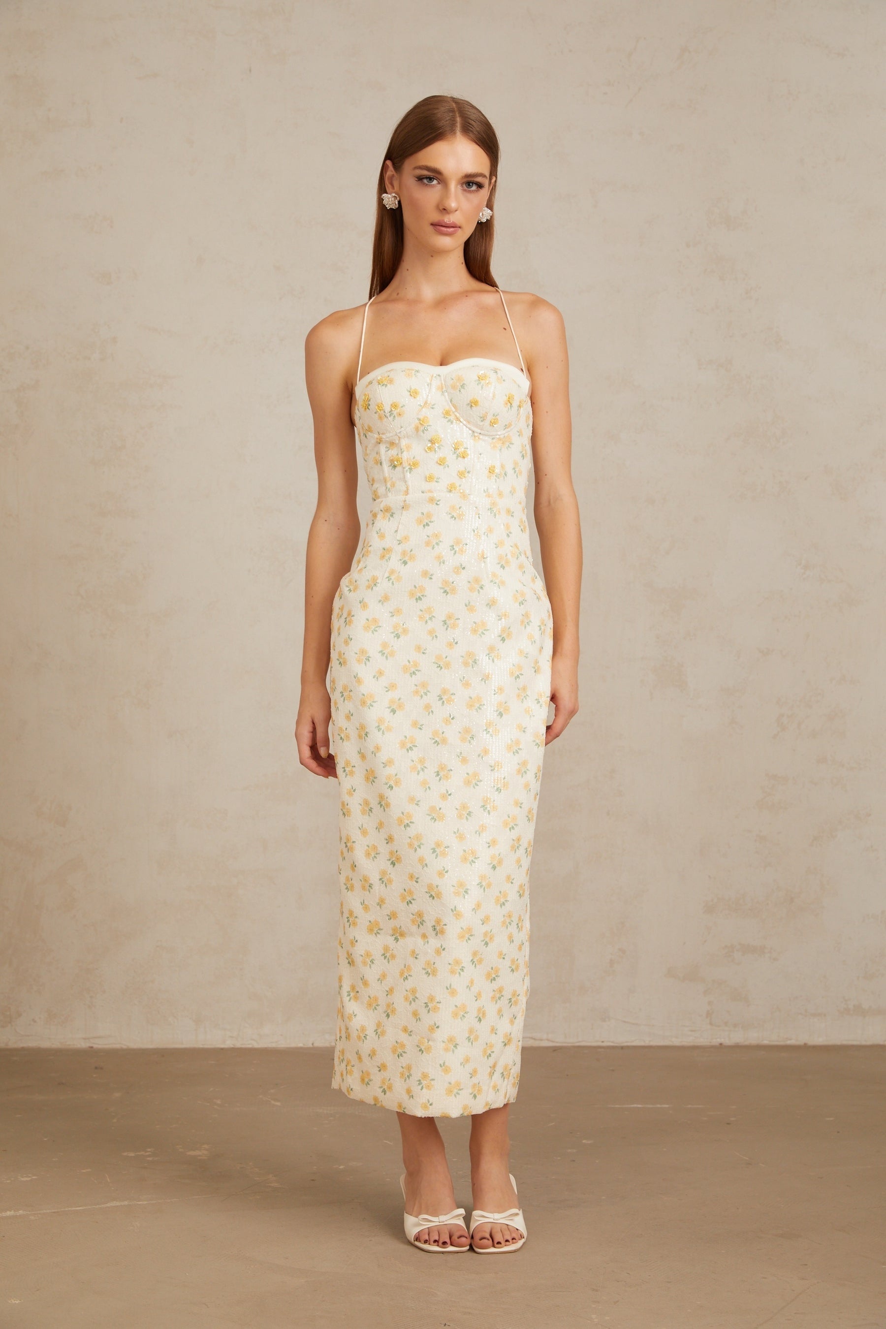 Quincia Yellow Sequined Floral Corset Maxi Gown