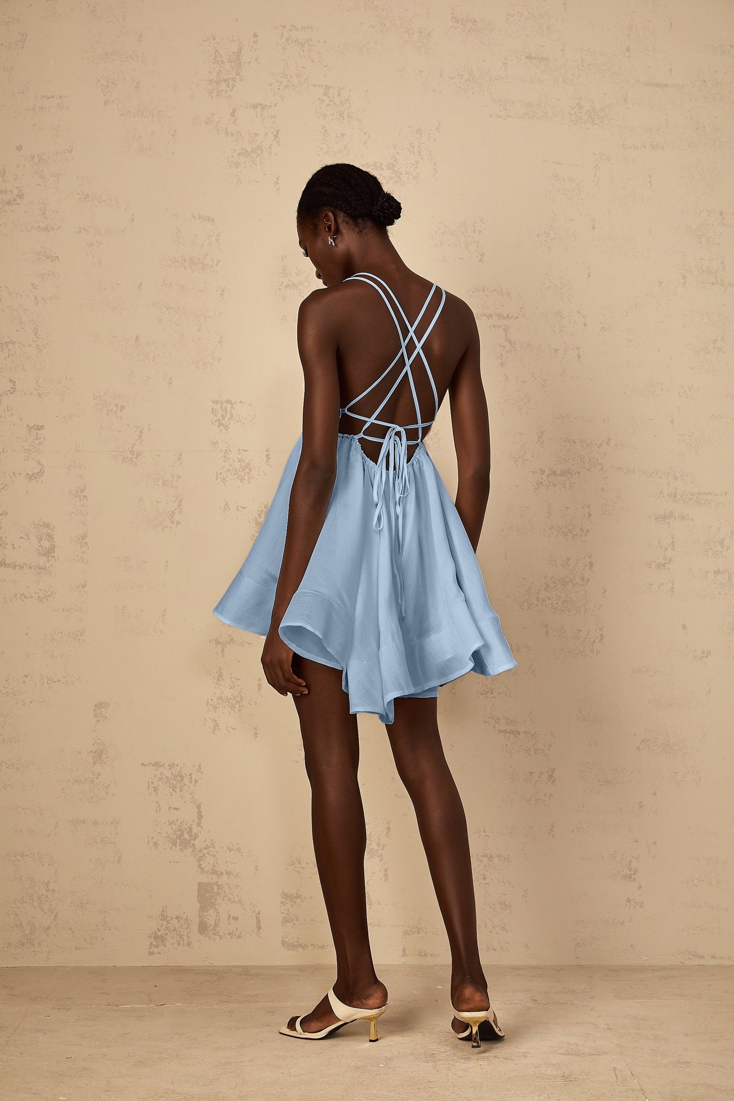 Quincie Blue Shirred Flounced Mini Dress