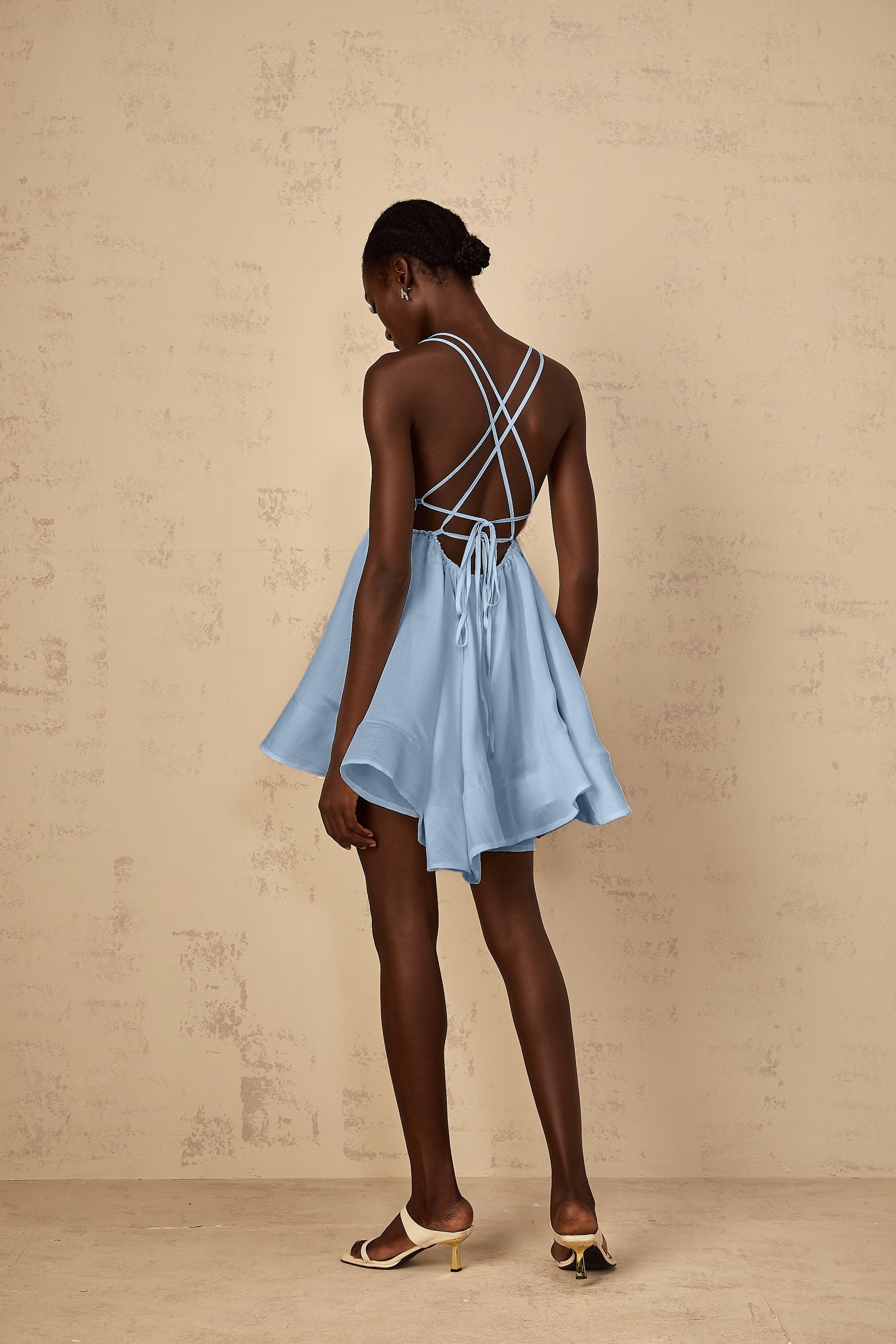 Quincie Blue Shirred Flounced Mini Dress