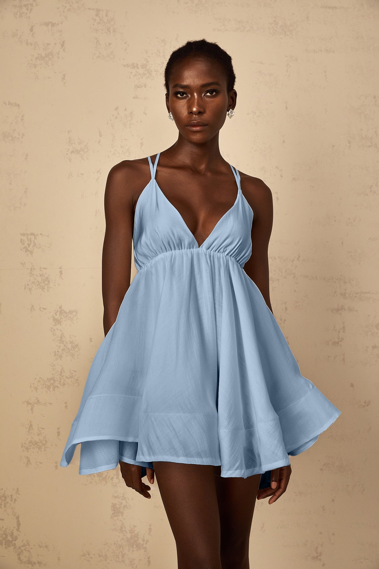 Quincie Blue Shirred Flounced Mini Dress
