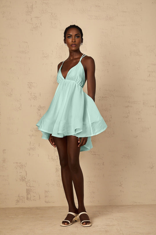 Quincie Green Shirred Flounced Mini Dress