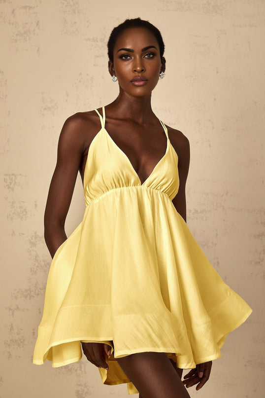 Quincie Yellow Shirred Flounced Mini Dress