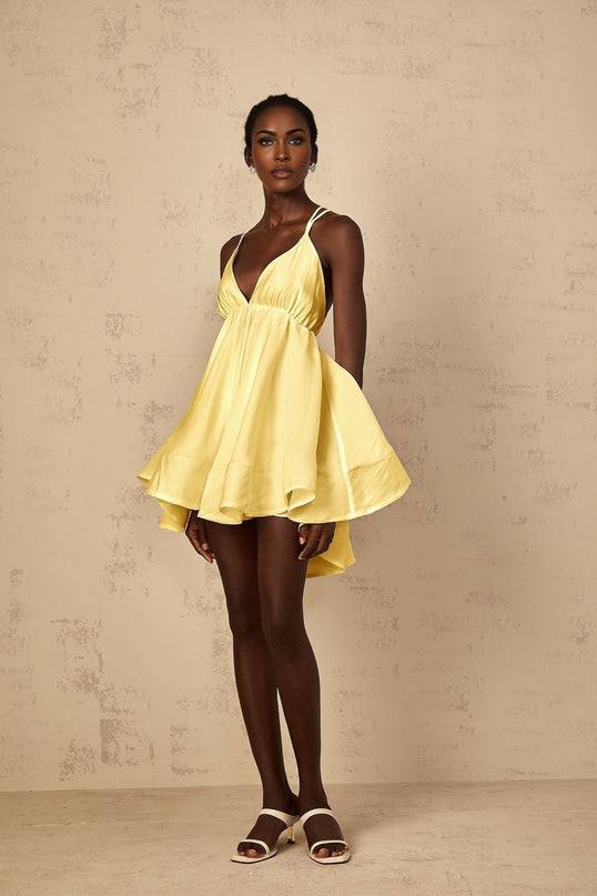Quincie Yellow Shirred Flounced Mini Dress