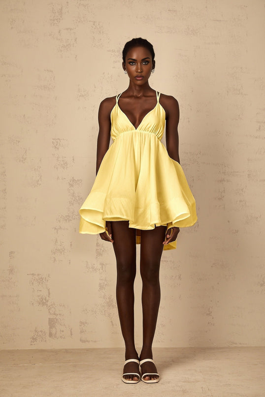 Quincie Yellow Shirred Flounced Mini Dress