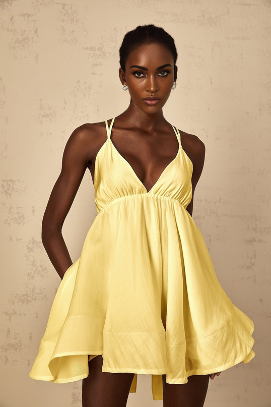 Quincie Yellow Shirred Flounced Mini Dress