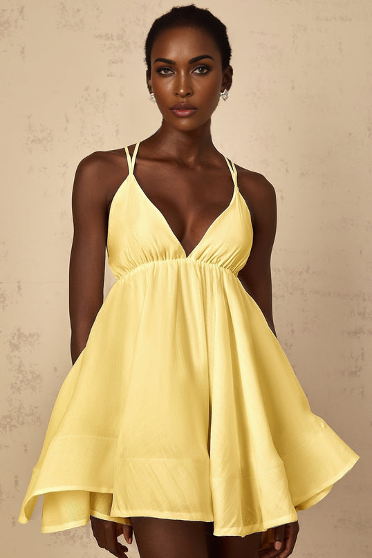 Quincie Yellow Shirred Flounced Mini Dress