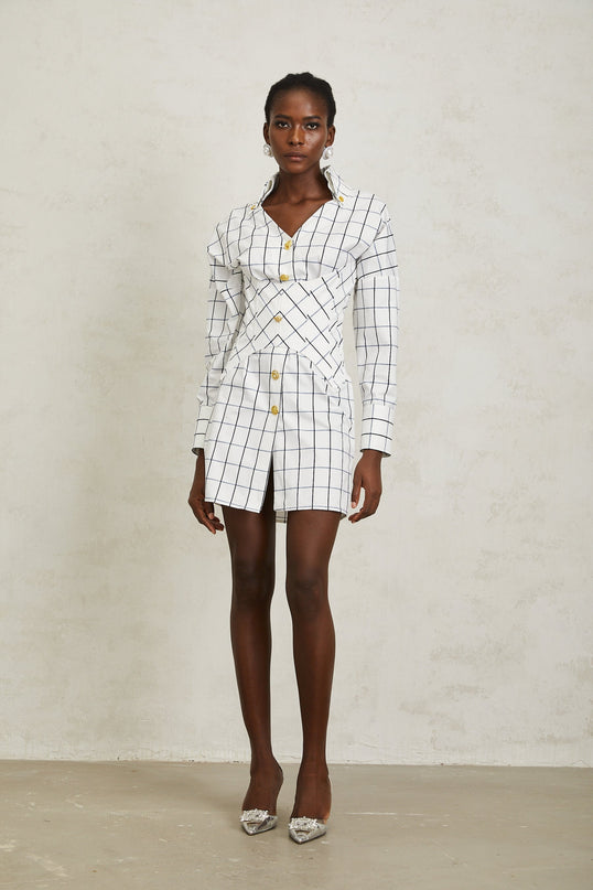 Quintina White Check Pettern Mini Shirt Dress