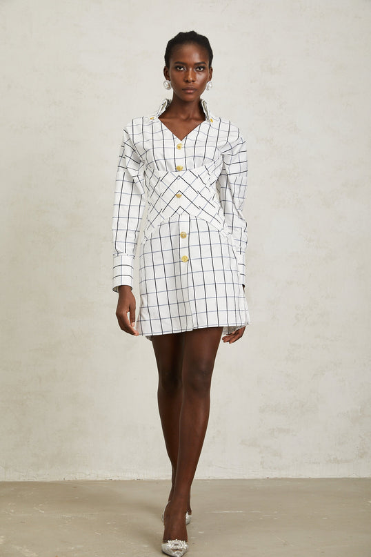 Quintina White Check Pettern Mini Shirt Dress