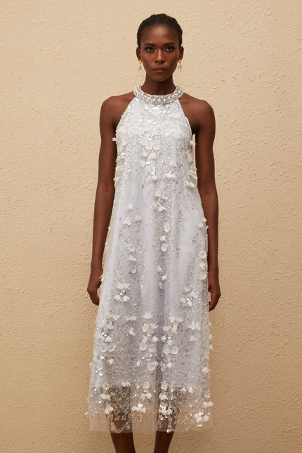 Quitterie Blue Embellished Floral Tulle Midi Dress