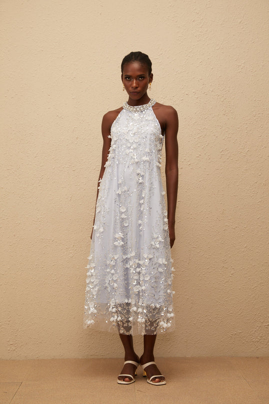 Quitterie Blue Embellished Floral Tulle Midi Dress