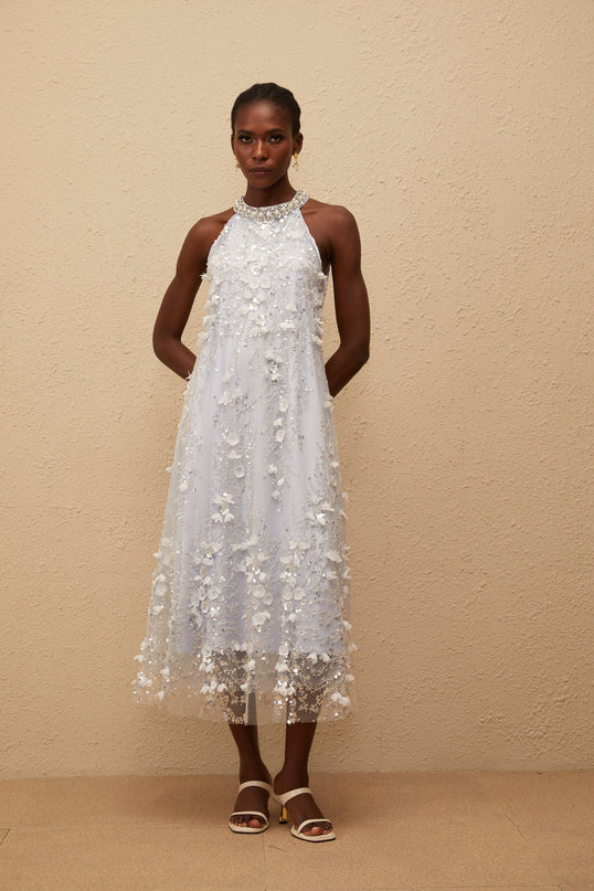 Quitterie Blue Embellished Floral Tulle Midi Dress