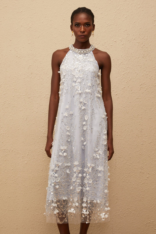 Quitterie Blue Embellished Floral Tulle Midi Dress