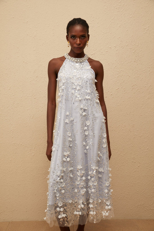 Quitterie Blue Embellished Floral Tulle Midi Dress