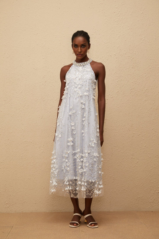Quitterie Blue Embellished Floral Tulle Midi Dress