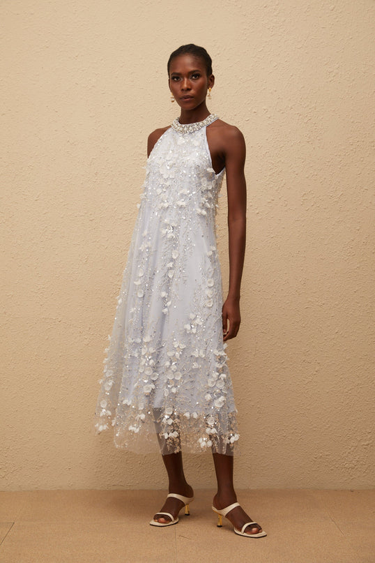 Quitterie Blue Embellished Floral Tulle Midi Dress