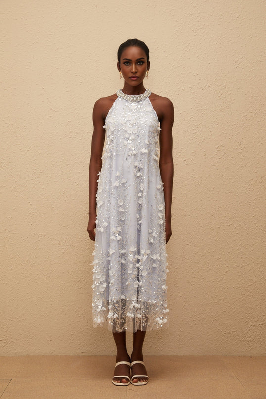 Quitterie Blue Embellished Floral Tulle Midi Dress