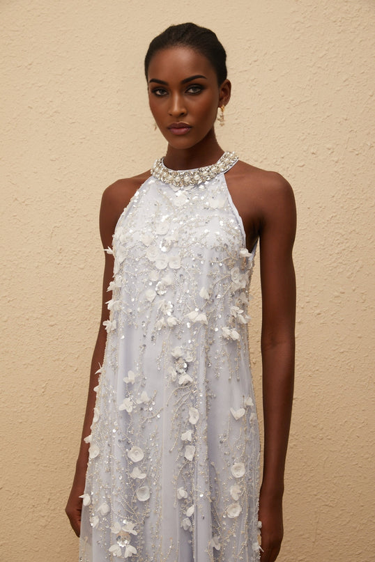 Quitterie Blue Embellished Floral Tulle Midi Dress