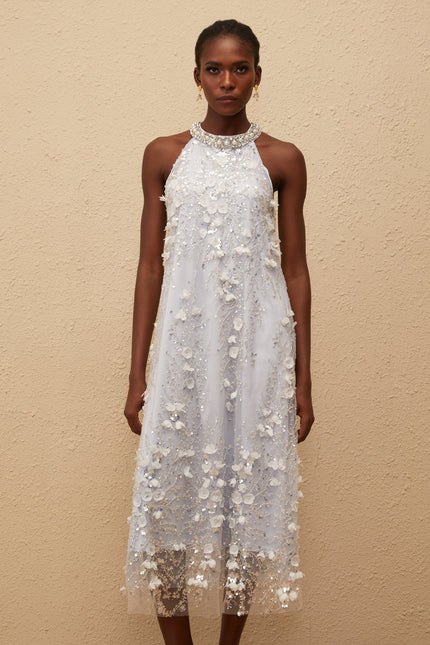 Quitterie Blue Embellished Floral Tulle Midi Dress