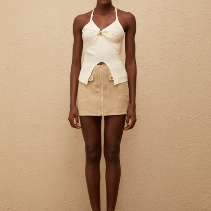 Quitterie White Ribbed Knit Top and Suede Skirt Set