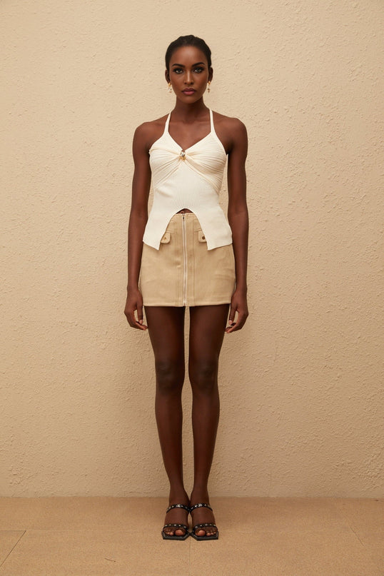 Quitterie White Ribbed Knit Top and Suede Skirt Set
