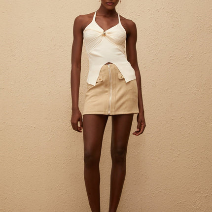 Quitterie White Ribbed Knit Top Suede Skirt Set