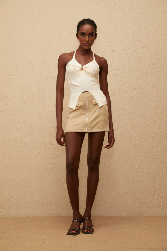 Quitterie White Ribbed Knit Top Suede Skirt Set