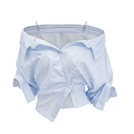 Rachel Blue Lapel Stripe Blouse Three Quarter Sleeve Button Fastening