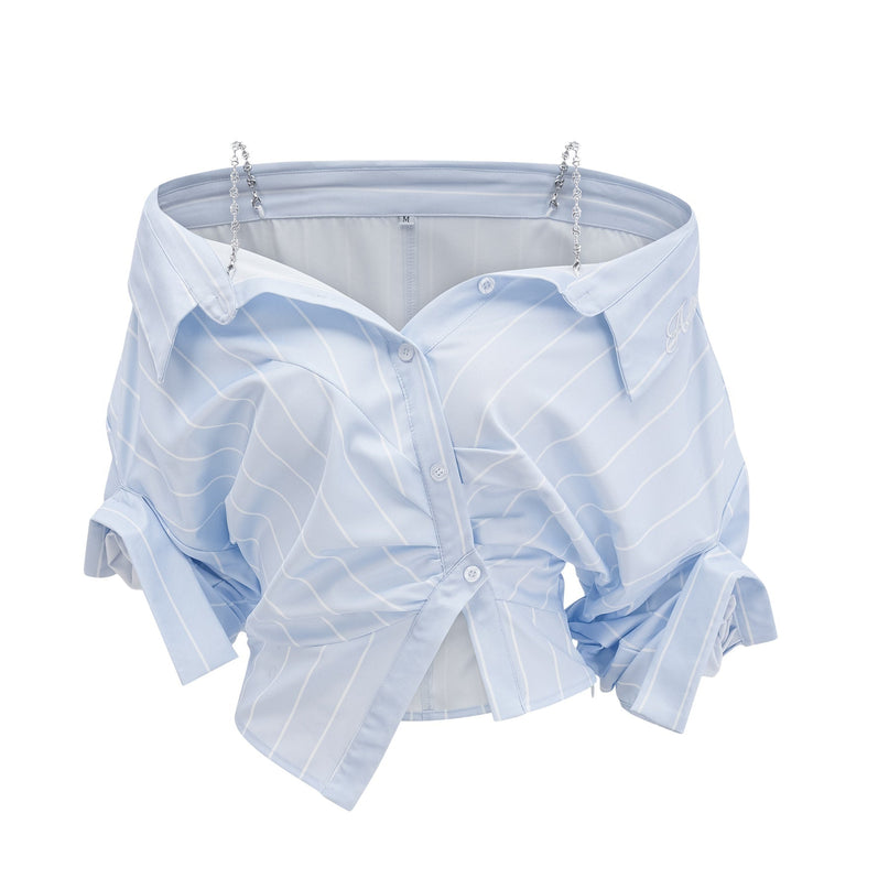 Rachel Blue Lapel Stripe Blouse Three Quarter Sleeve Button Fastening