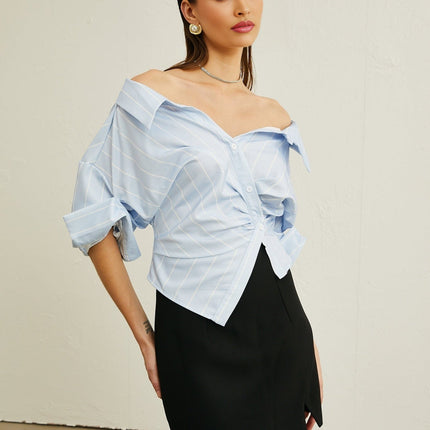 Rachel Blue Stripe Off-Shoulder Blouse
