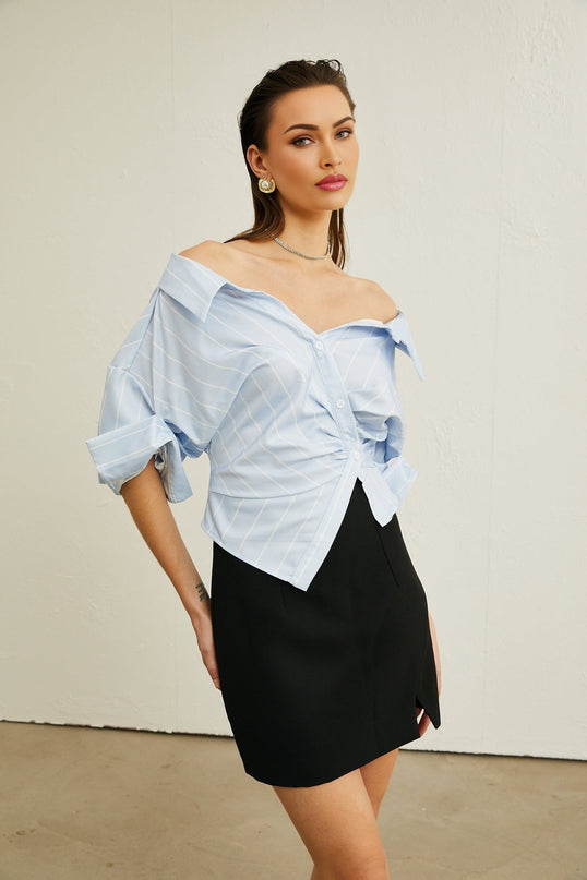 Rachel Blue Stripe Off-Shoulder Blouse