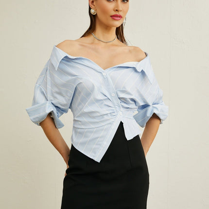 Rachel Blue Stripe Off-Shoulder Blouse Three-Quarter Sleeves Asymmetric Hem Front Button Fastening