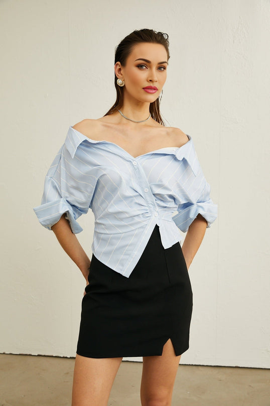 Rachel Blue Stripe Off-Shoulder Blouse Three-Quarter Sleeves Asymmetric Hem Front Button Fastening