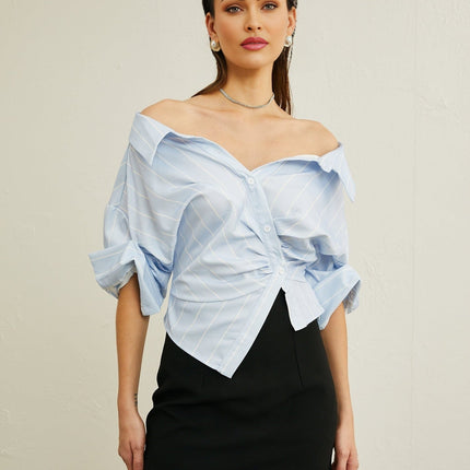 Rachel Blue Stripe Off-Shoulder Blouse Three-Quarter Sleeves Asymmetric Hem Button Fastening
