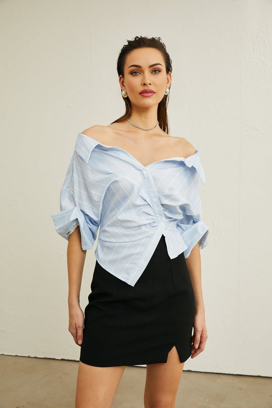 Rachel Blue Stripe Off-Shoulder Blouse Three-Quarter Sleeves Asymmetric Hem Button Fastening